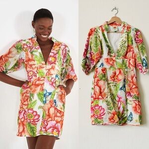 Farm Rio SMALL Colleen Eyelet Floral stitch look mini dress